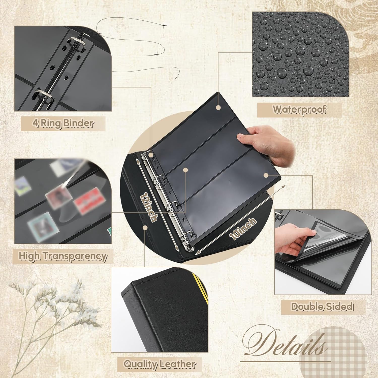 Stamp Collecting Album Binder Kit for Collectors, 1\/2\/3\/4 Rows Banknotes Storage Book with 20 Stamp Pages, 4 Ring Binder, Tweezers and Magnifier, for Paper Money Bill Postage, Beginner Hobbyists Gift - Image 4