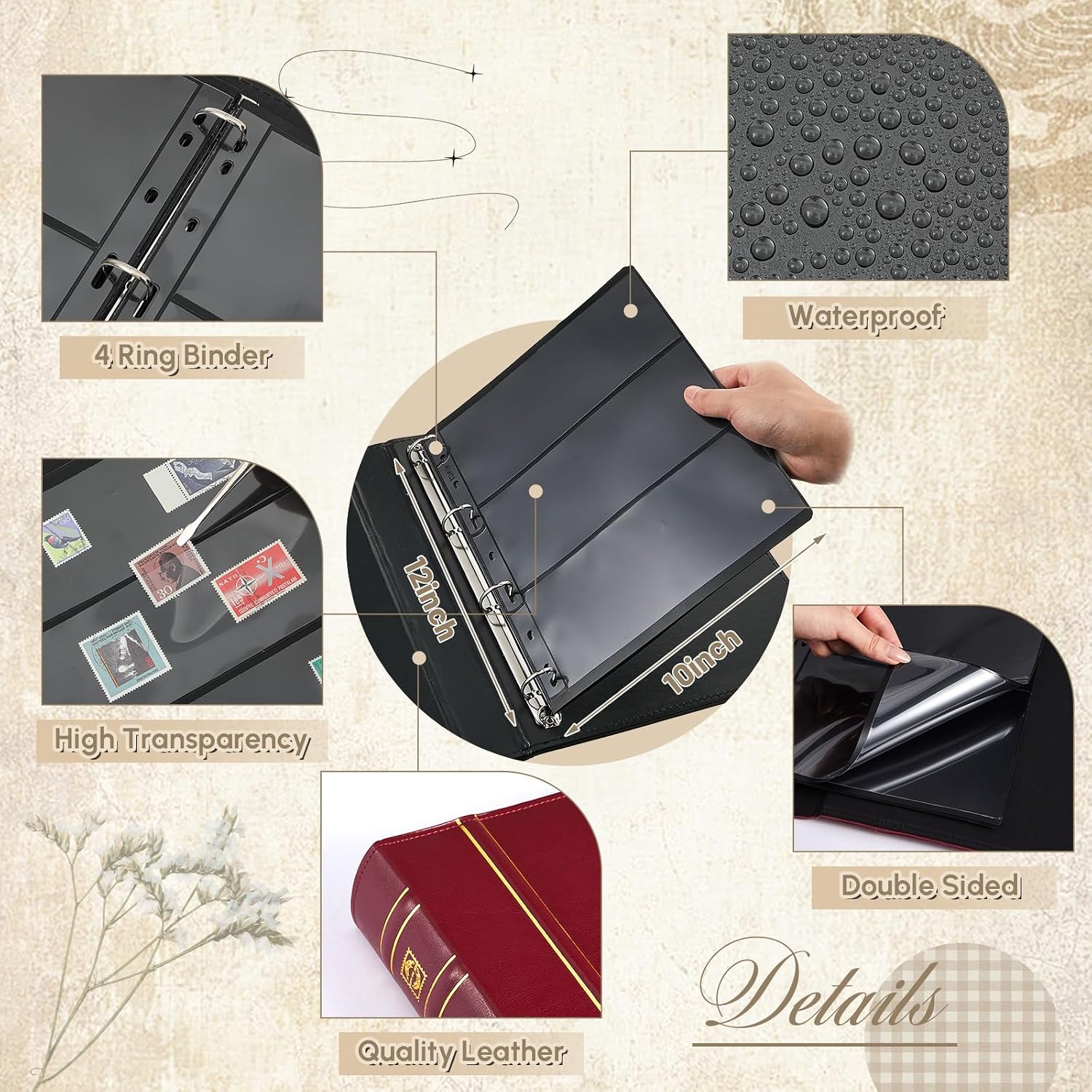 Stamp Collecting Album Binder Kit for Collectors, 1\/2\/3\/4 Rows Banknotes Storage Book with 20 Stamp Pages, 4 Ring Binder, Tweezers and Magnifier, for Paper Money Bill Postage, Beginner Hobbyists Gift - Image 4