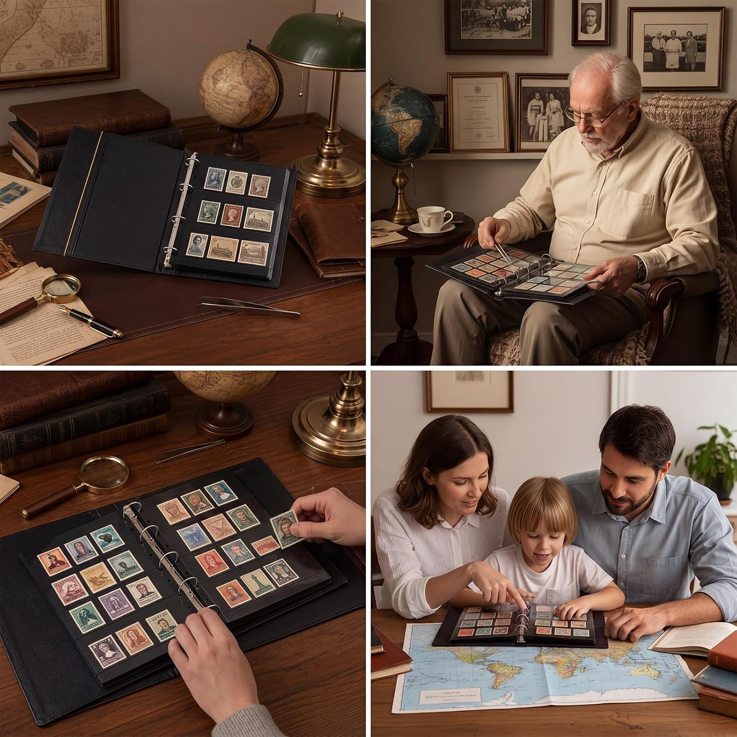 Stamp Collecting Album Binder Kit for Collectors, 1\/2\/3\/4 Rows Banknotes Storage Book with 20 Stamp Pages, 4 Ring Binder, Tweezers and Magnifier, for Paper Money Bill Postage, Beginner Hobbyists Gift - Image 6