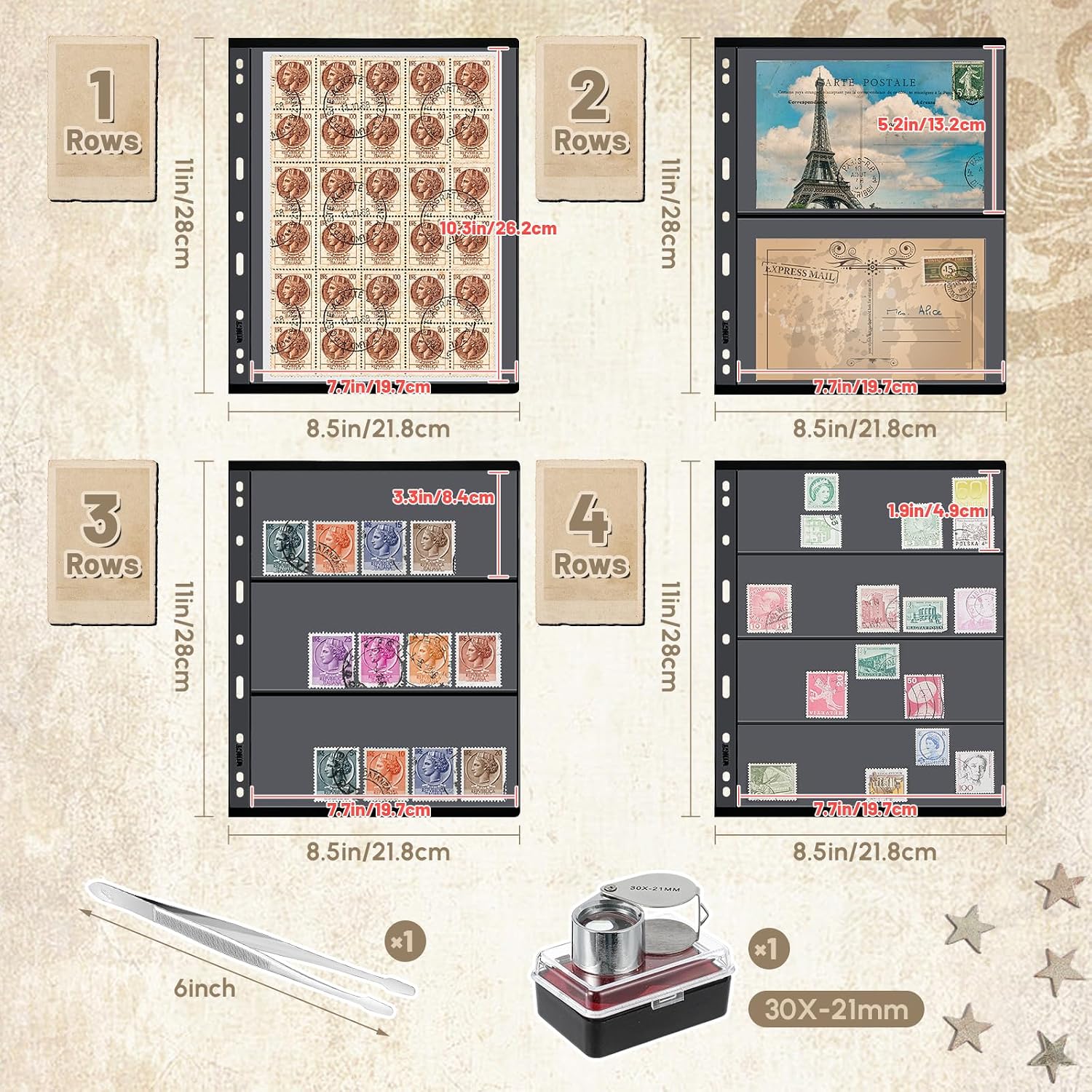 Stamp Collecting Album Binder Kit for Collectors, 1\/2\/3\/4 Rows Banknotes Storage Book with 20 Stamp Pages, 4 Ring Binder, Tweezers and Magnifier, for Paper Money Bill Postage, Beginner Hobbyists Gift - Image 3