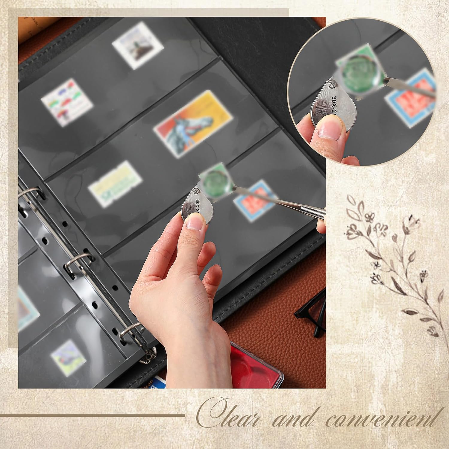 Stamp Collecting Album Binder Kit for Collectors, 1\/2\/3\/4 Rows Banknotes Storage Book with 20 Stamp Pages, 4 Ring Binder, Tweezers and Magnifier, for Paper Money Bill Postage, Beginner Hobbyists Gift - Image 6