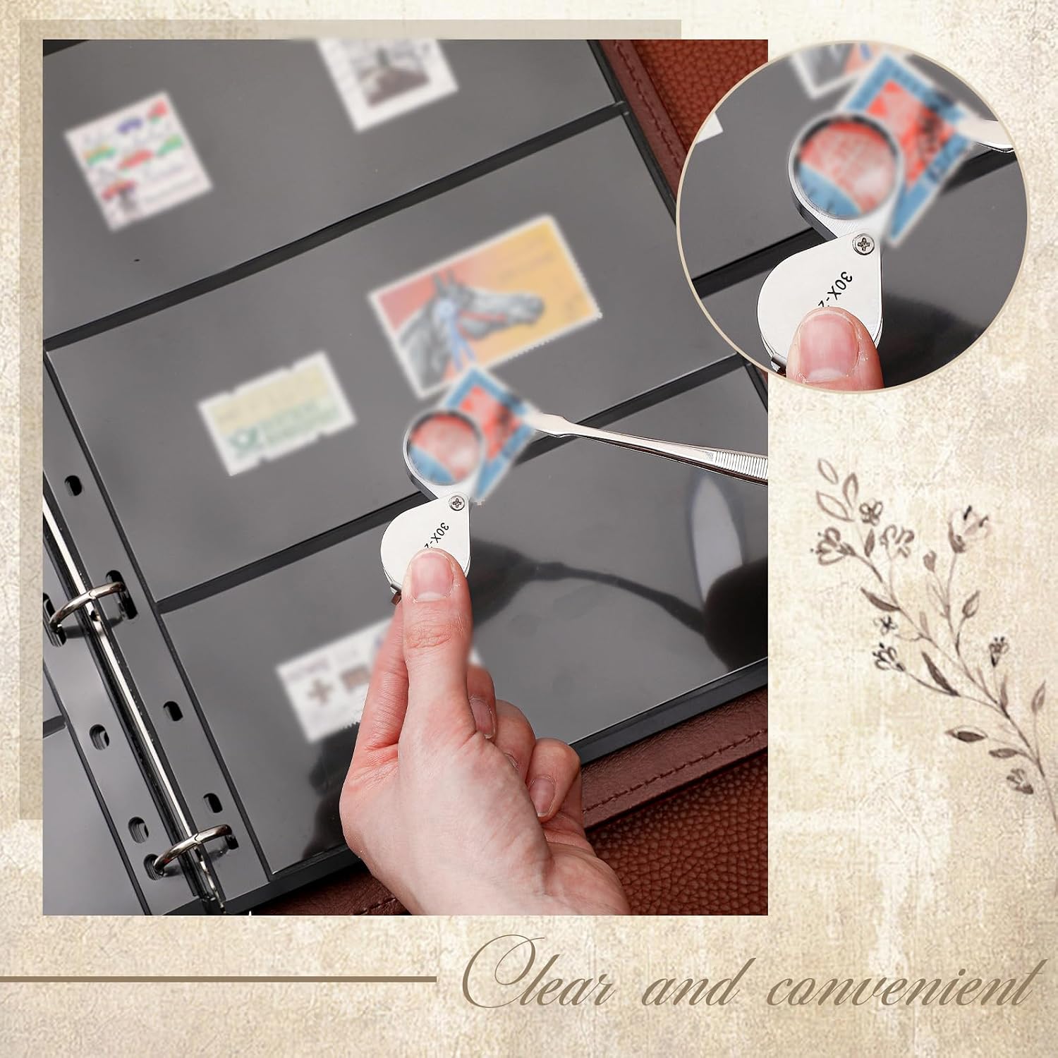 Stamp Collecting Album Binder Kit for Collectors, 1\/2\/3\/4 Rows Banknotes Storage Book with 20 Stamp Pages, 4 Ring Binder, Tweezers and Magnifier, for Paper Money Bill Postage, Beginner Hobbyists Gift - Image 5